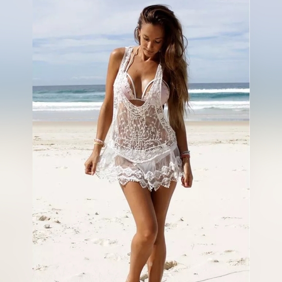 NEW Boho Embroidered Sheer Lace Racerback Tank Cover Up Tunic Top White - Picture 6 of 8